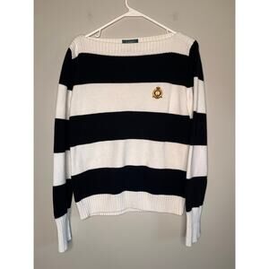 Lauren Ralph Lauren Black White Stripes Crest Logo Old Money Yacht Sweater M